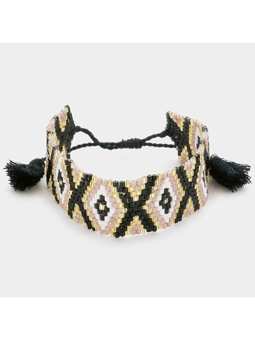 NWT Boho Black Pink Aztec Patterned Beaded Tassel Pull Tie Cinch Bracelet